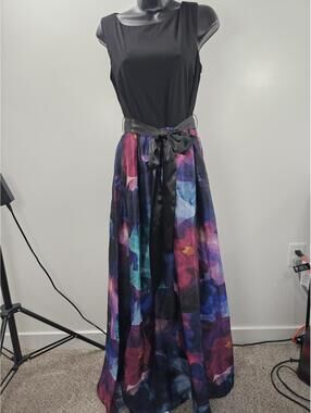 Ellen Tracy Black Sleeveless Dress with Colorful Floral Skirt and Satin Bow Belt